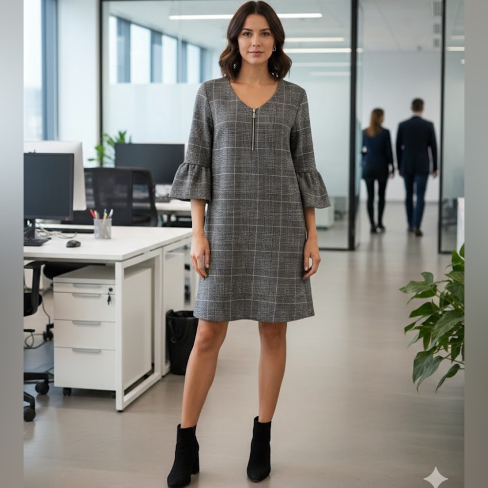 Lily Morgan Glen Plaid Bell-Sleeve Shift Dress - Size M